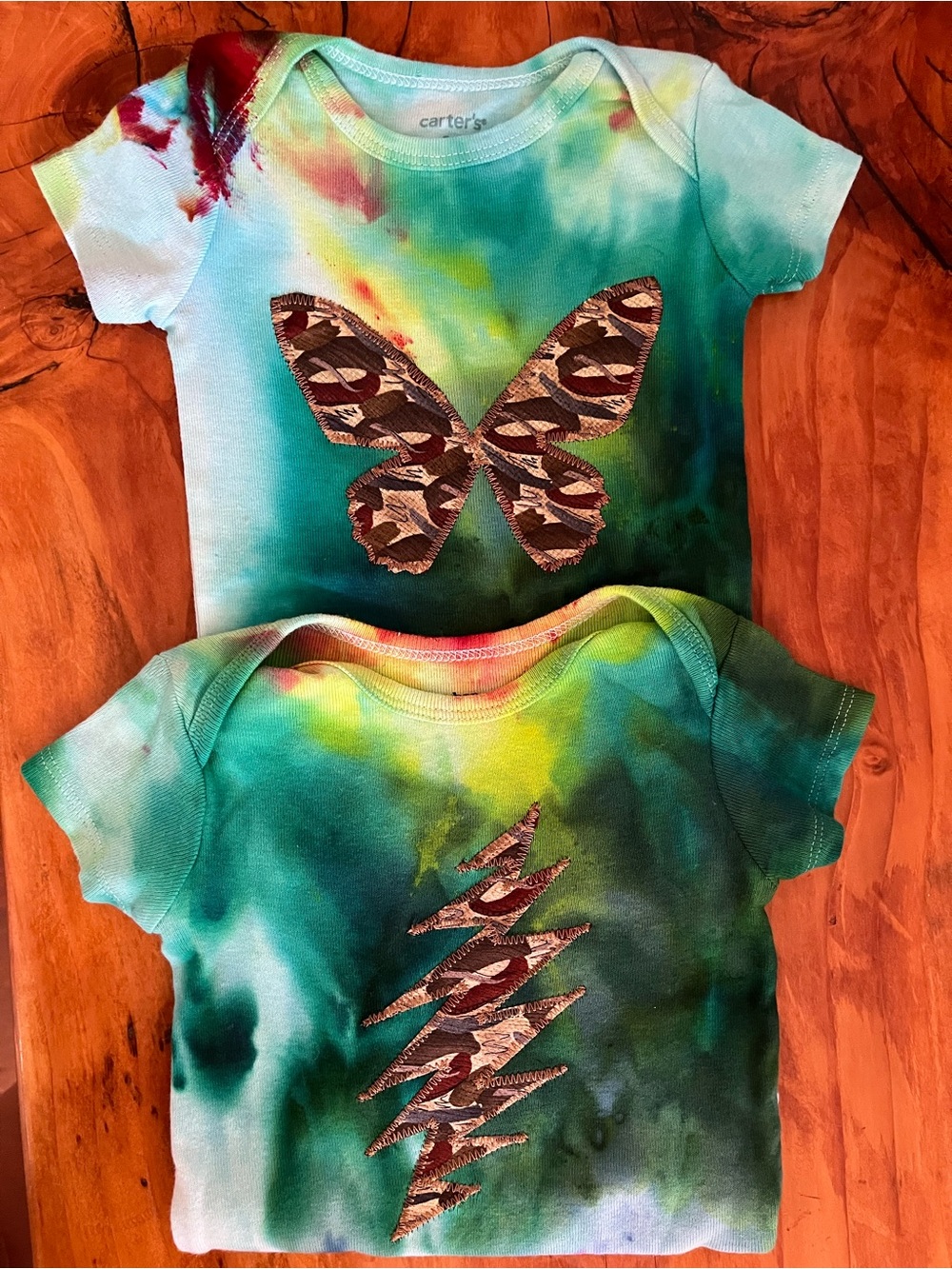 2 Newborn Onesies cotton ice dyed Grateful J Garcia silk patchwork baby gift 🌈